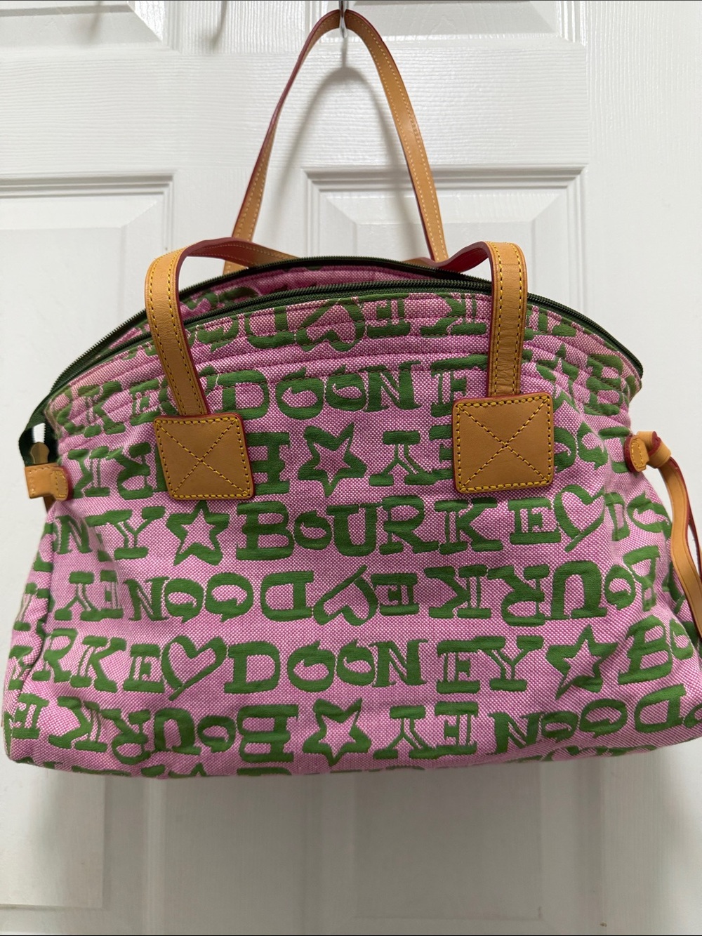 Dooney & Bourke Pink and Green Logo-Print Canvas Tote with Tan Trim